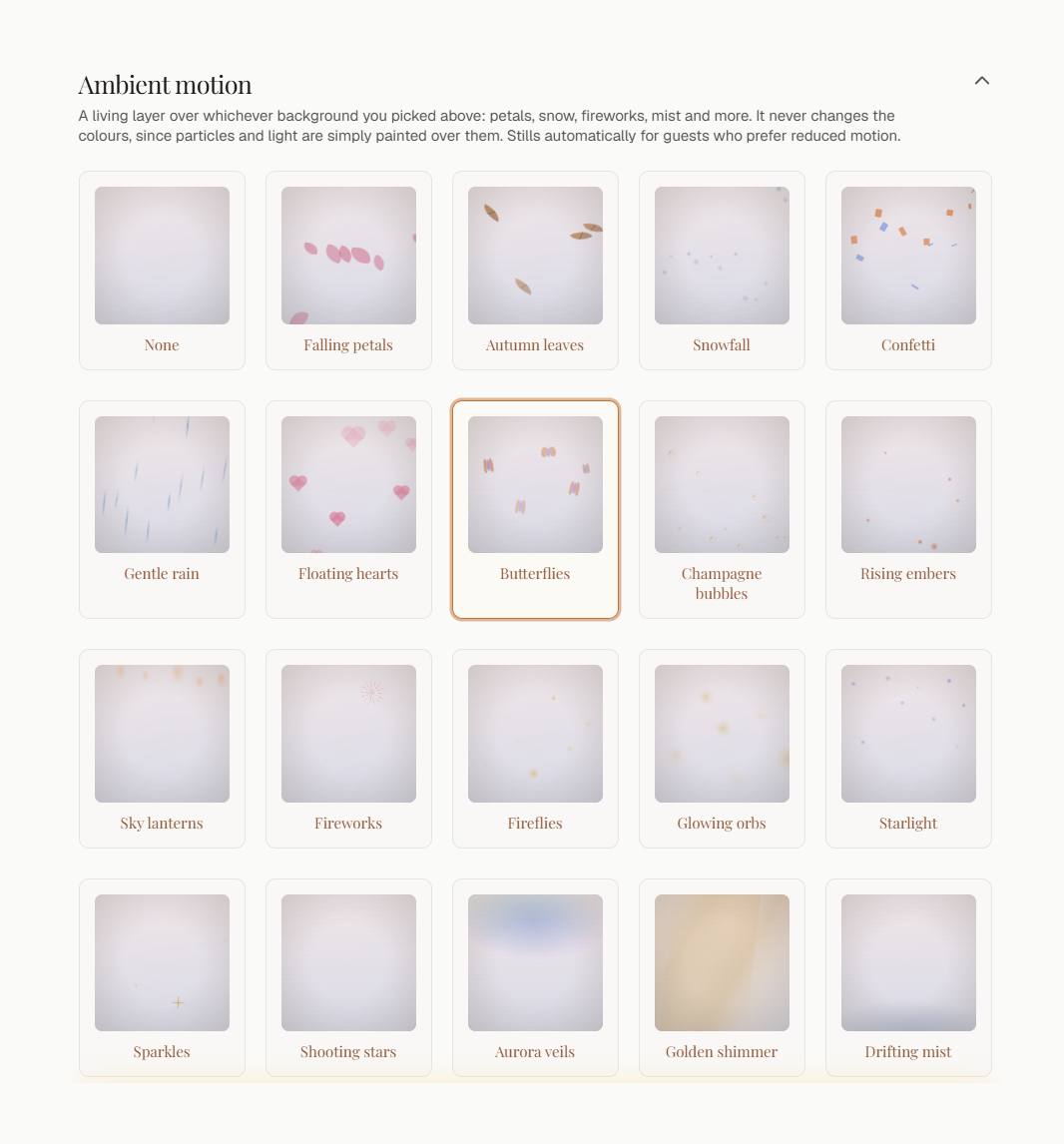 The ambient motion gallery: falling petals, autumn leaves, snowfall, confetti, floating hearts, butterflies, fireflies, sky lanterns and more