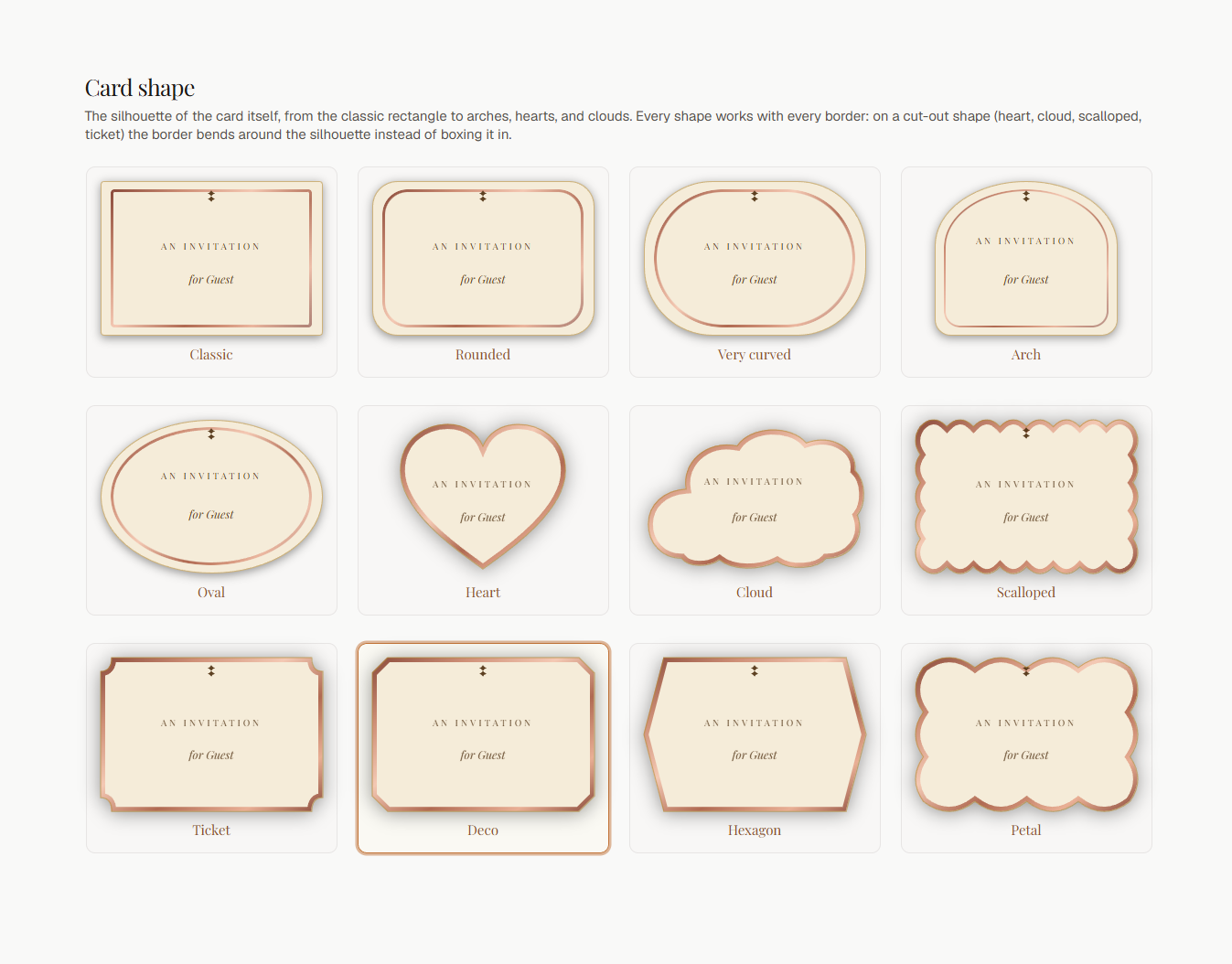 The card shape gallery: classic, rounded, arch, oval, heart, cloud, scalloped, ticket, deco, hexagon and petal silhouettes