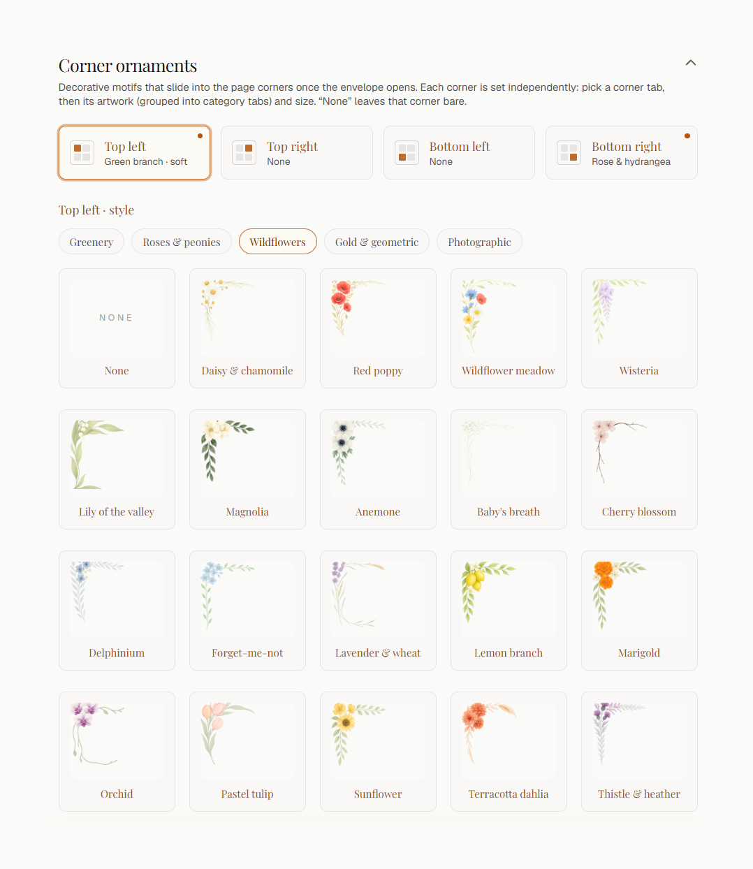 The corner ornament gallery: wildflower artwork such as red poppy, wisteria, magnolia, cherry blossom and marigold, chosen per corner