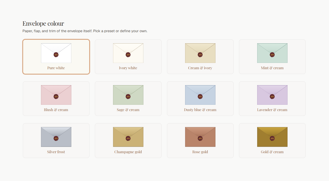 The envelope colour gallery in the design console: sealed envelopes in white, cream, mint, blush, sage, dusty blue, lavender, silver and gold palettes