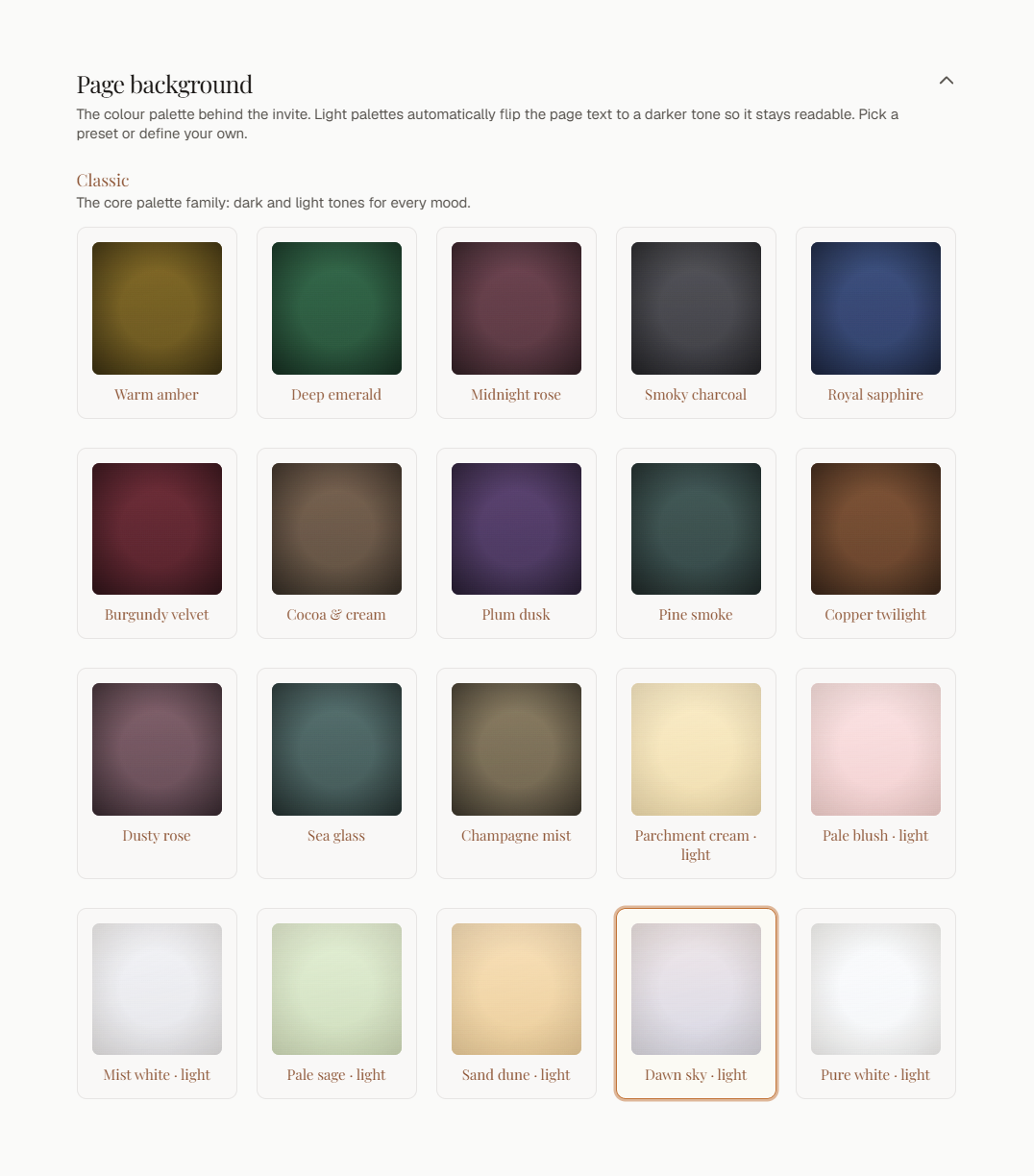The page background gallery: colour palettes from warm amber, deep emerald and midnight rose to pale blush, sage and dawn sky