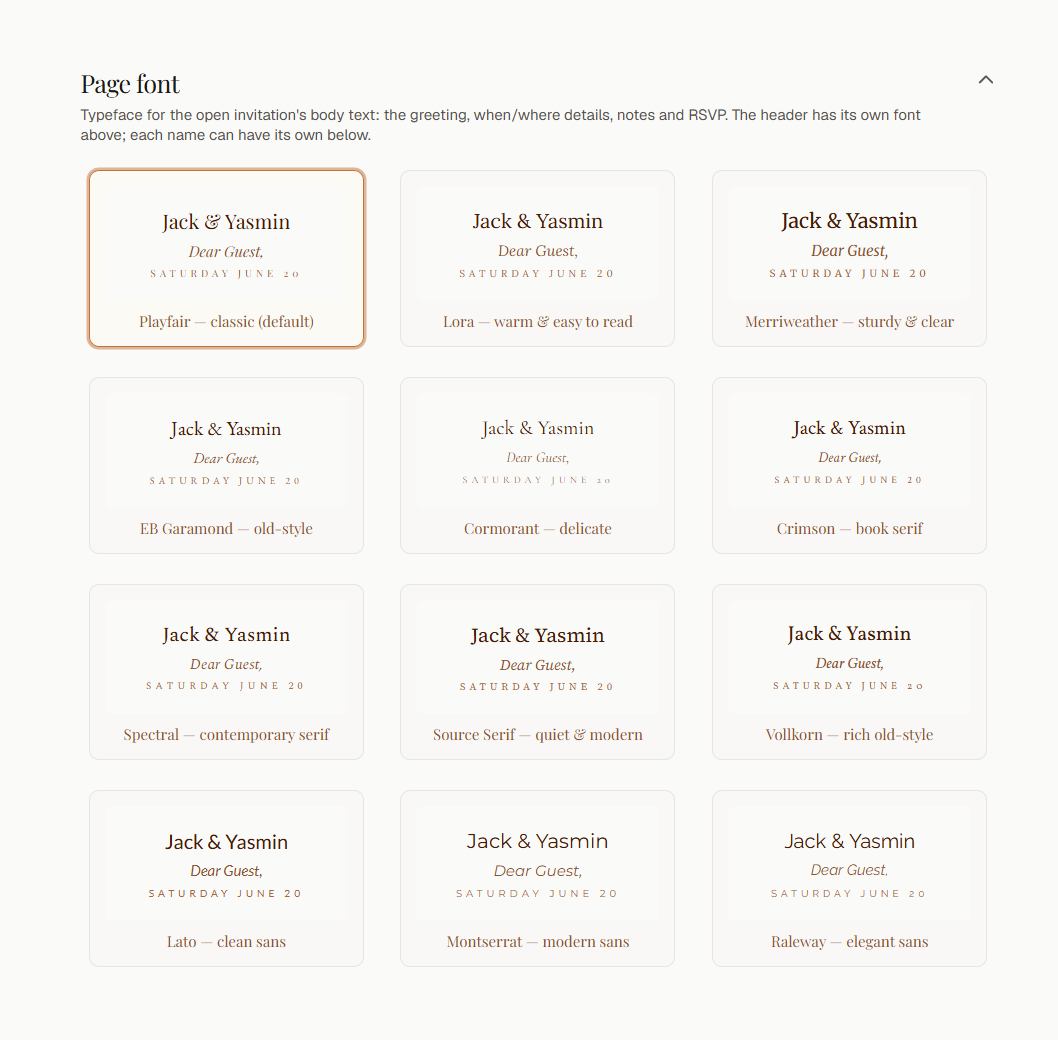The page font gallery: classic, old-style, contemporary and modern faces previewed on the invitation's own greeting