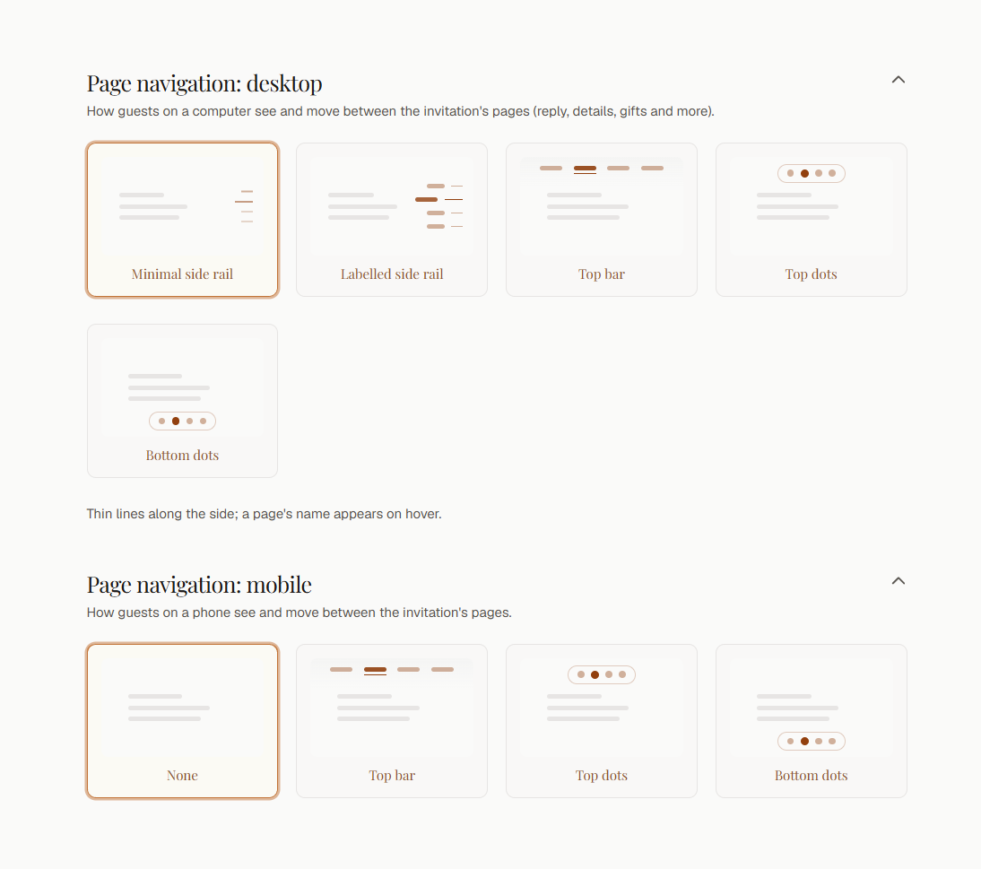 The page navigation gallery: side rails, top bars and dot styles for moving between the invitation's pages