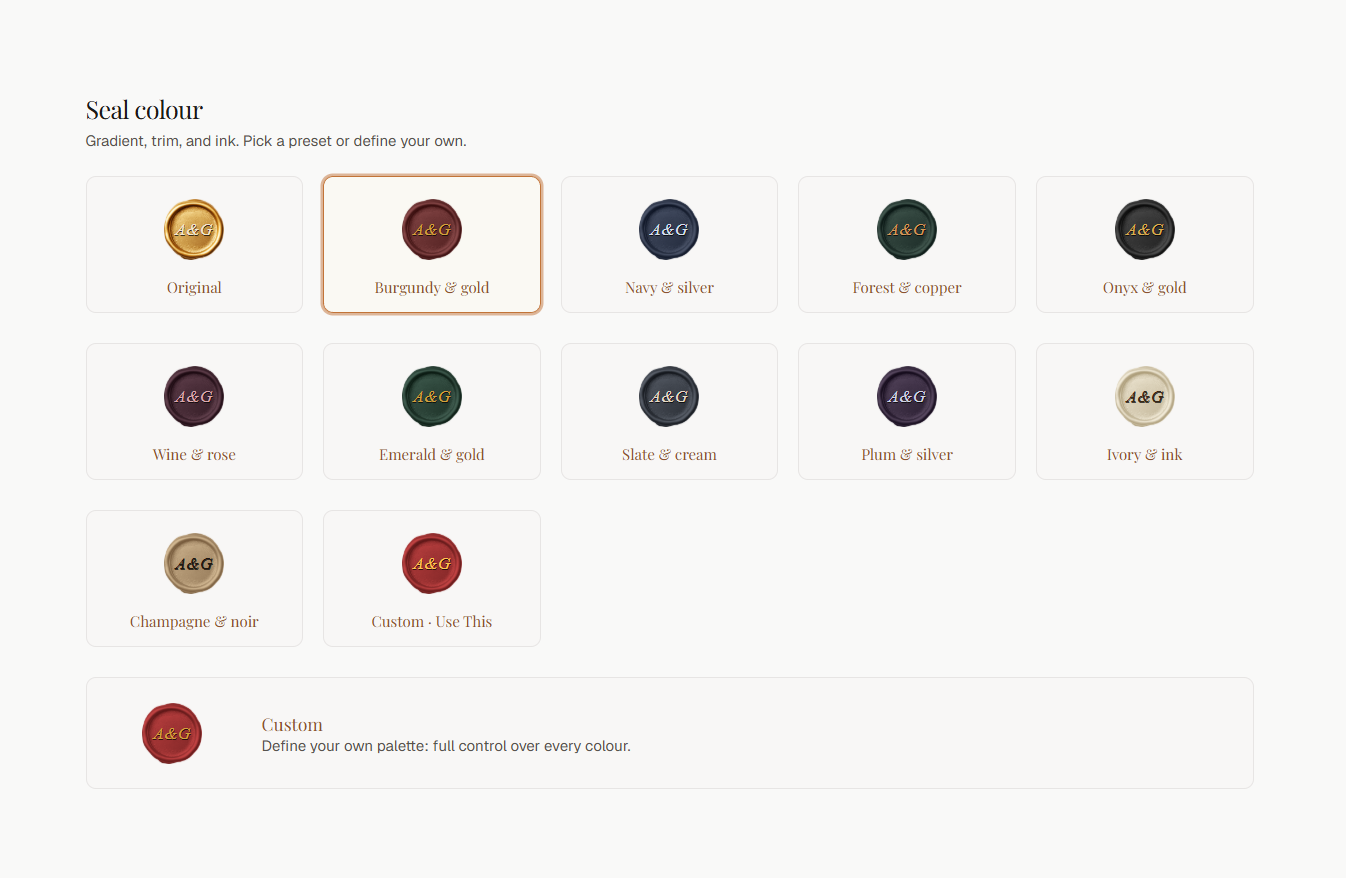 The seal colour gallery: monogrammed wax seals in gold, burgundy, navy, forest, onyx, wine, emerald and more, plus a fully custom palette