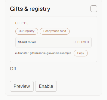 The gifts and registry card: registry links, a reserved stand mixer and e-transfer details with a copy button