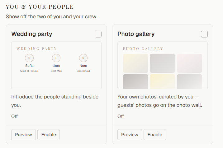 The you and your people panel: wedding party and photo gallery cards