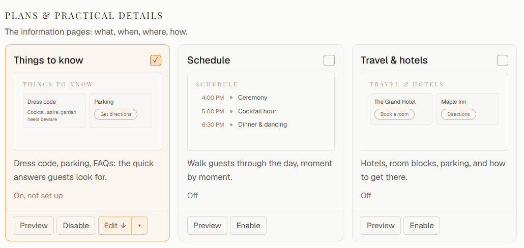 The plans and practical details panel: things to know, schedule, and travel and hotels cards
