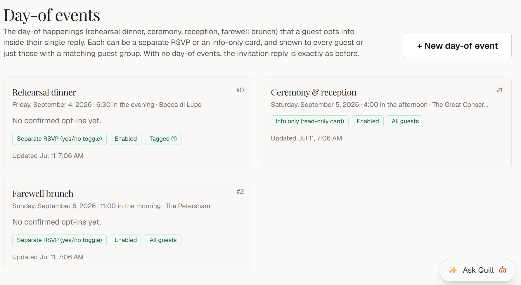 The Day-of events panel: rehearsal dinner, ceremony & reception and farewell brunch cards, each with its own RSVP mode, enabled state and audience