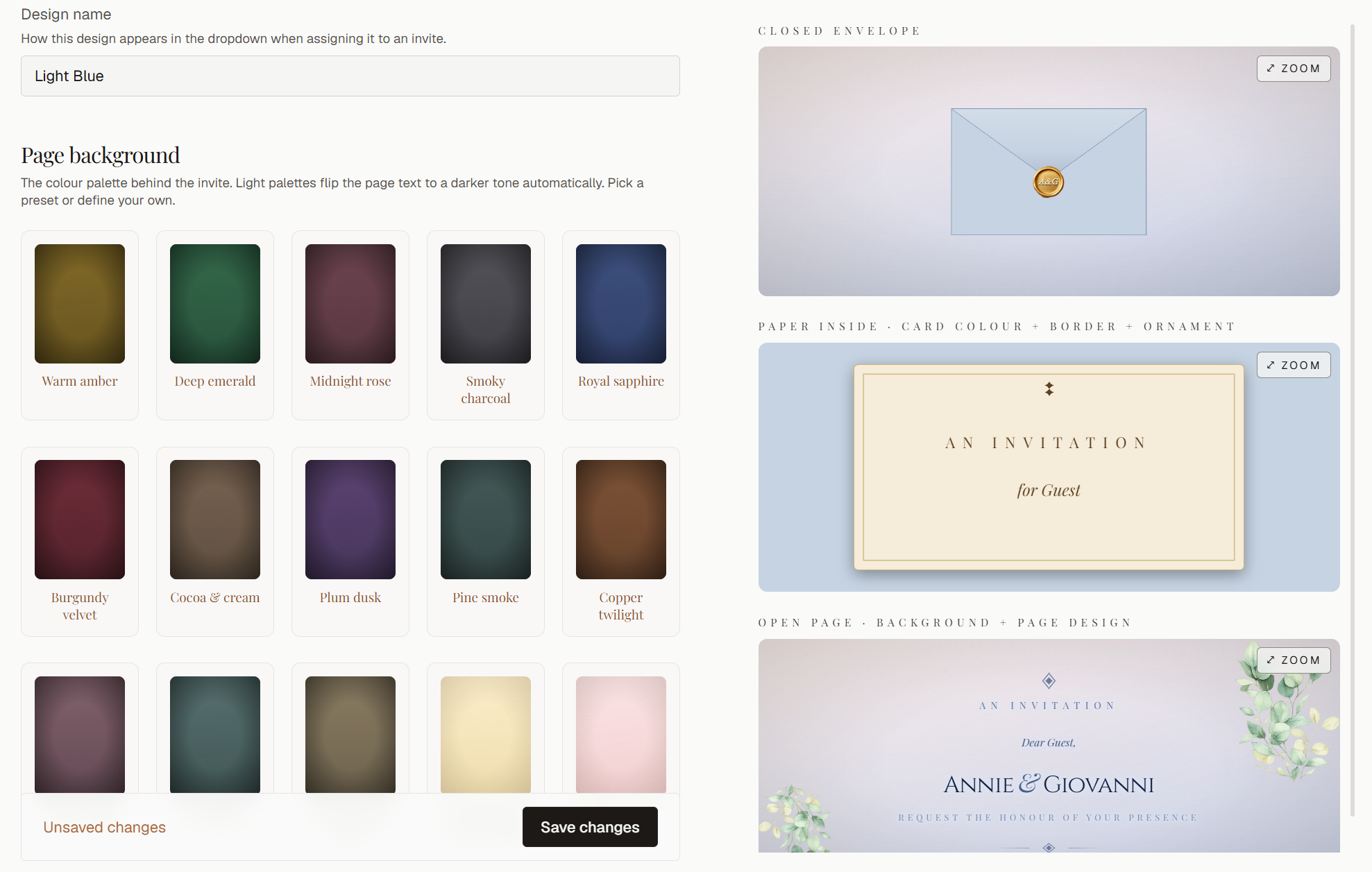 Picking the page background palette and design layers