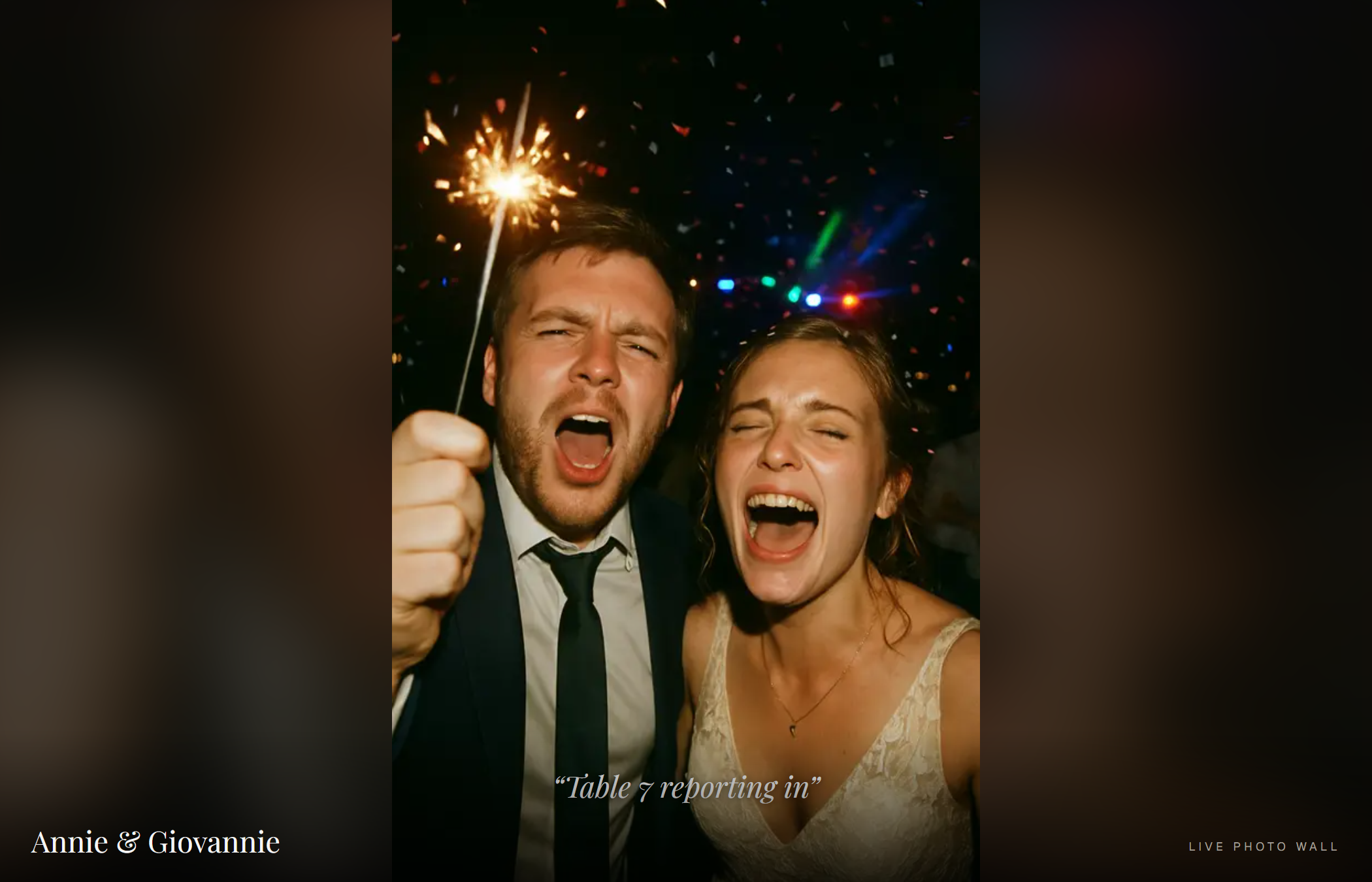 The venue screen showing a live guest photo labelled LIVE PHOTO WALL