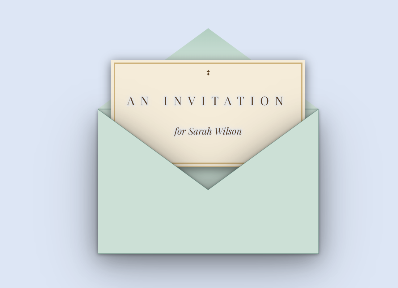 A sage envelope open with the invitation card emerging