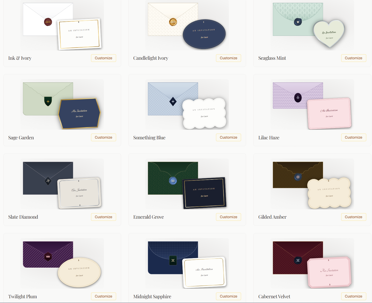 The gallery of envelope presets, each sealed envelope with its wax seal and matching card