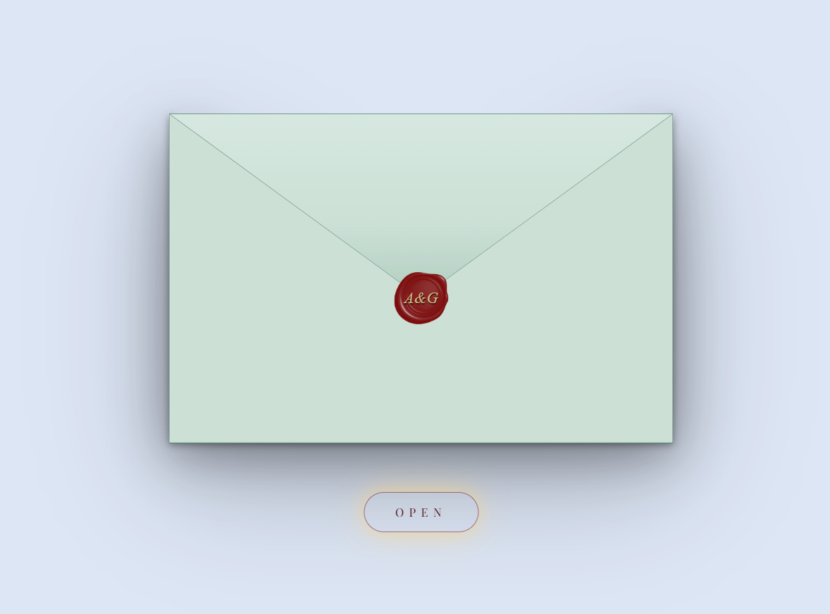 A sage envelope closed with a wax seal and an Open button
