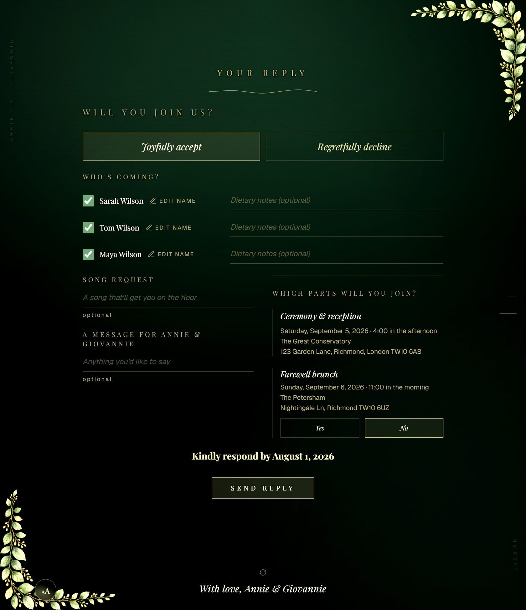 The guest RSVP: each named guest ticked in with their own meal and dietary note