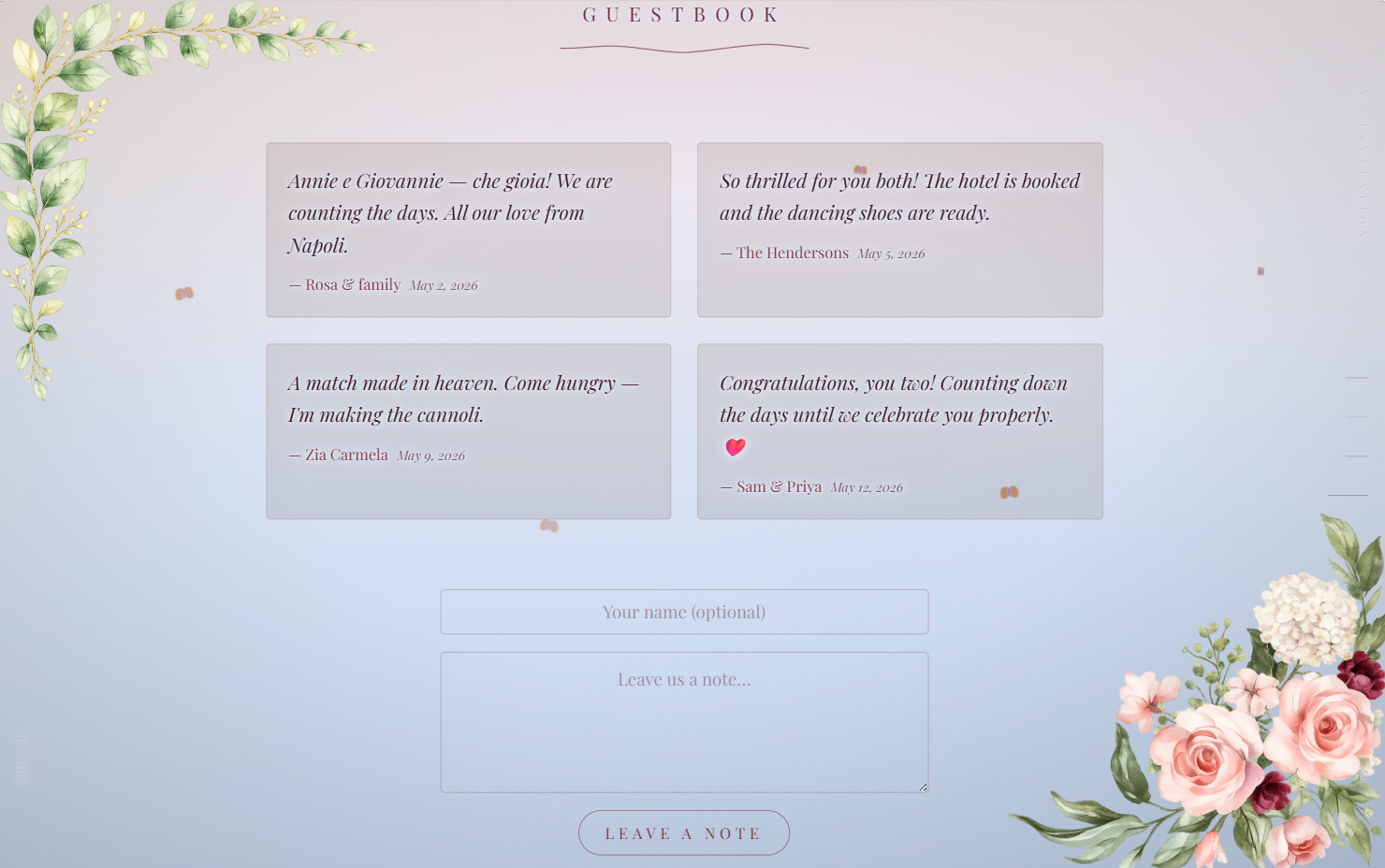 The guestbook page of the invitation with signed well-wishes from guests and a leave-a-note form