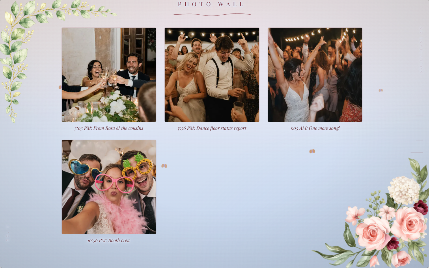 The photo wall page of the invitation filled with guests' photos, each with a time and a caption