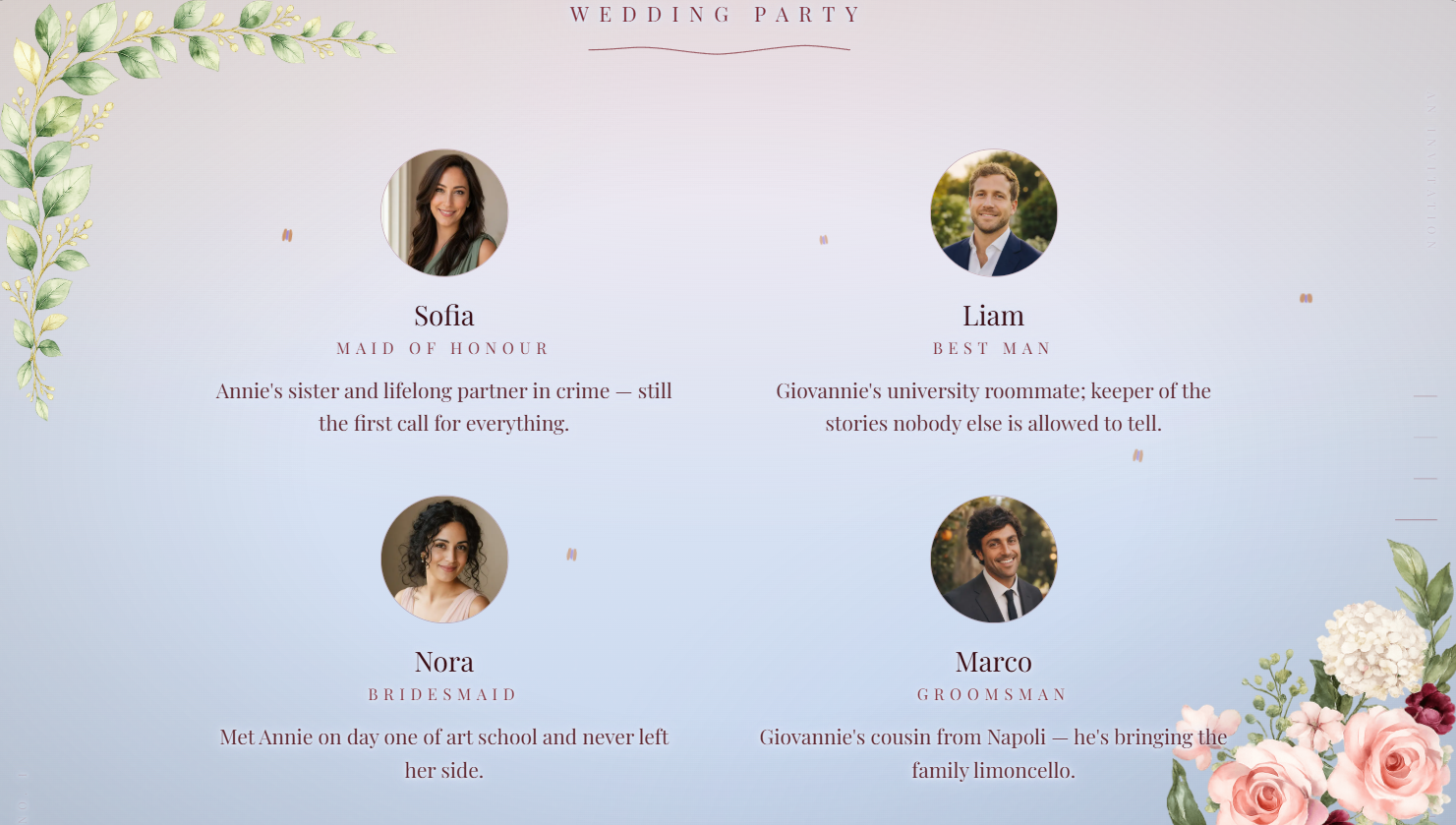 The wedding party page of the invitation: Sofia, Liam, Nora and Marco with round photos, their roles, and a line about each