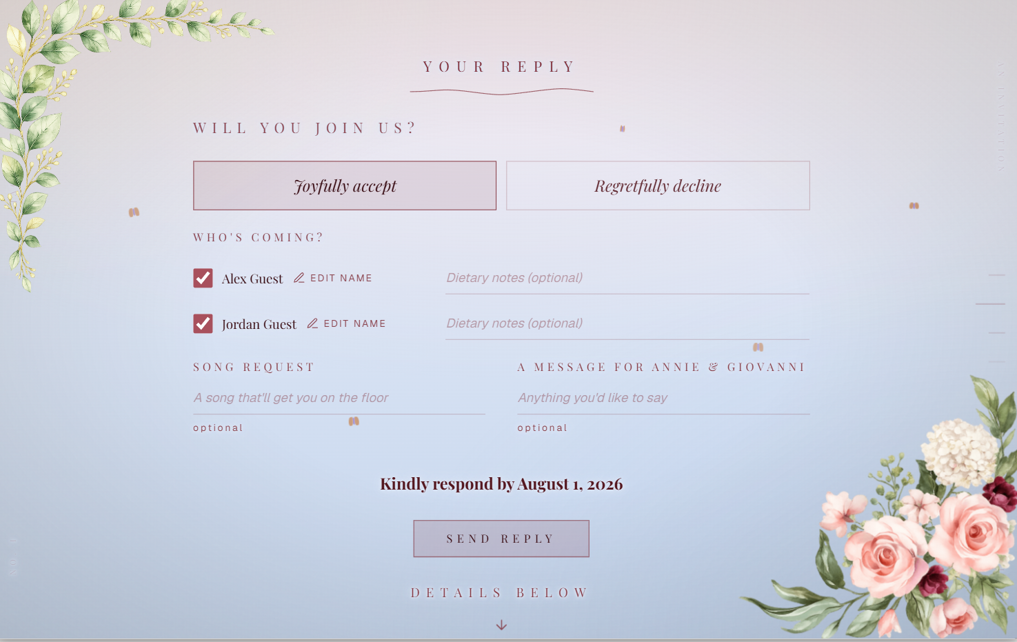 The invitation's reply page: Joyfully accept selected, each named guest ticked in with a dietary note, plus a song request and a message to the couple