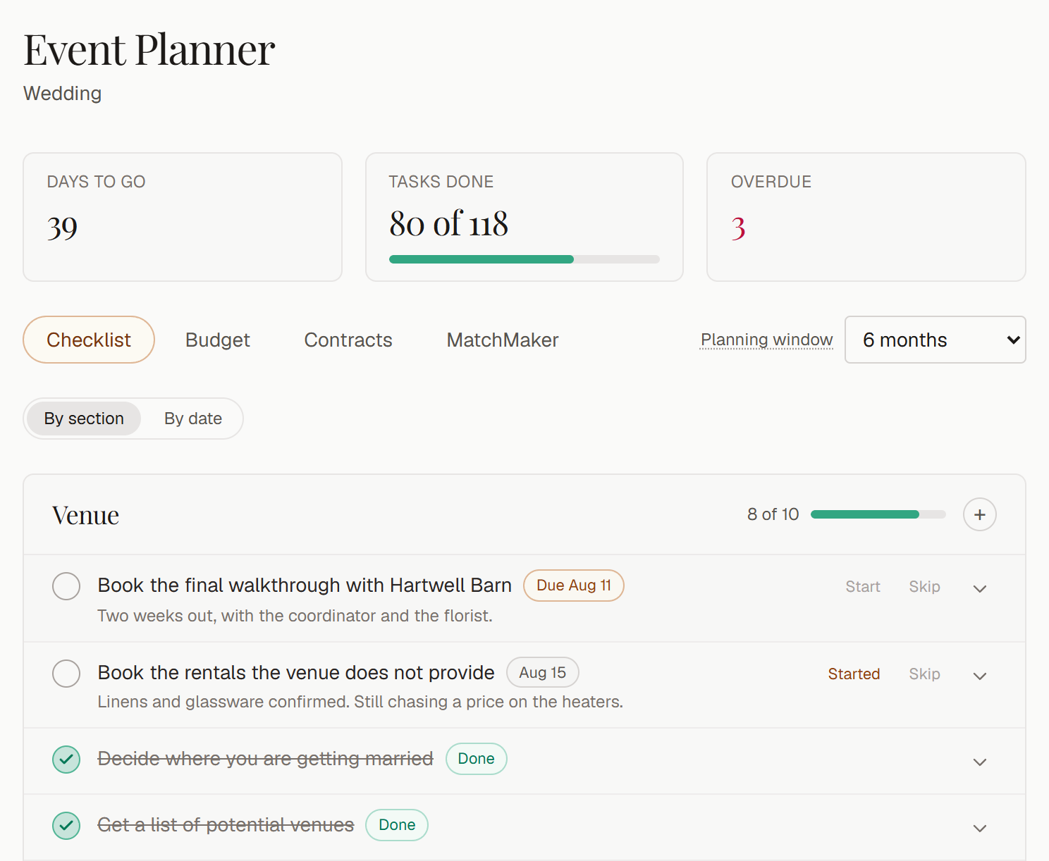The Event Planner checklist: days to go, tasks done and overdue tiles above the Venue section, with tasks marked done, started and still open