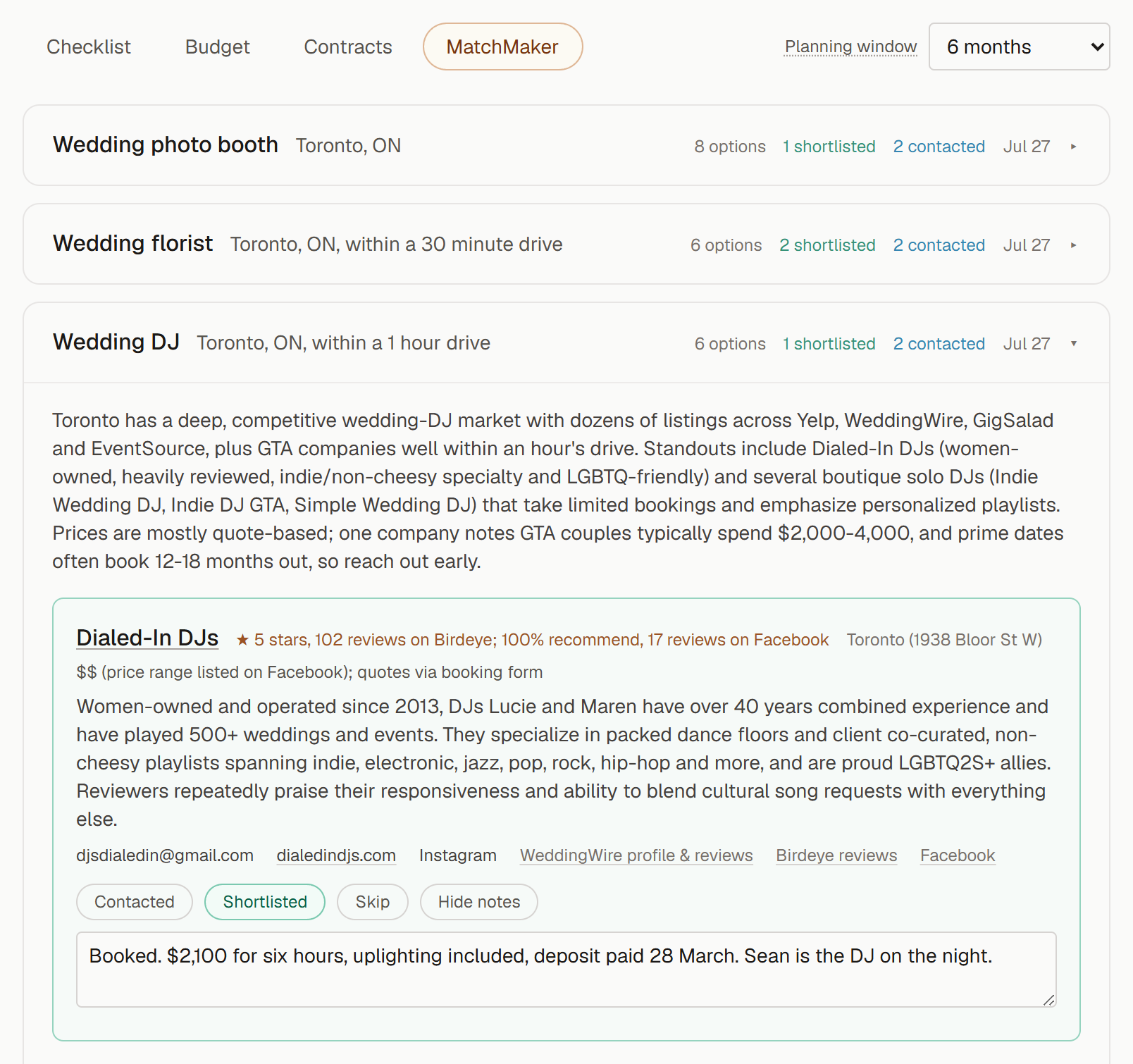 MatchMaker: saved vendor hunts with a DJ search open on a real vendor and its contact details