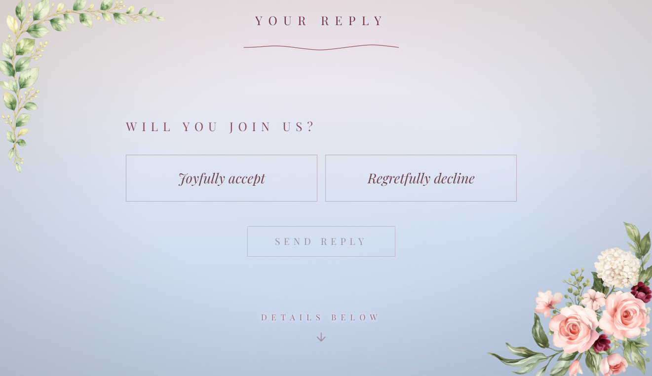 The guest RSVP screen: Joyfully accept or Regretfully decline
