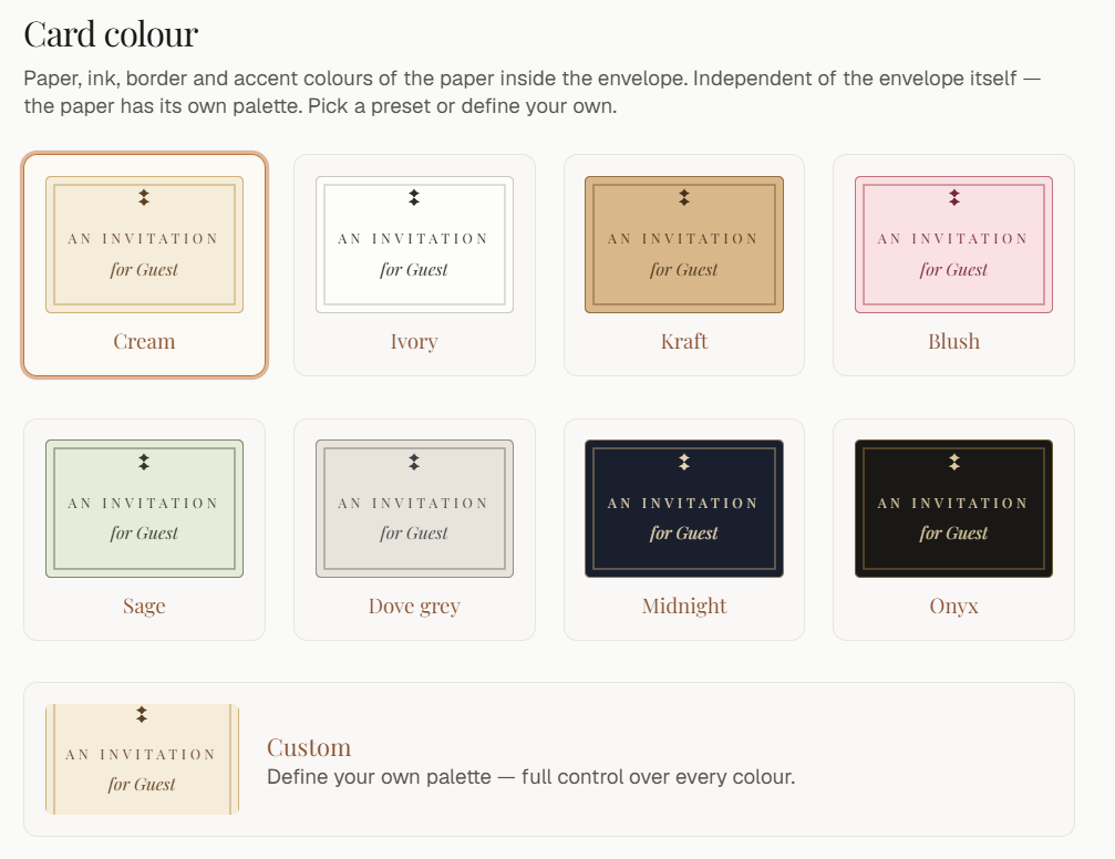 Choosing the paper colour, ink and border from presets