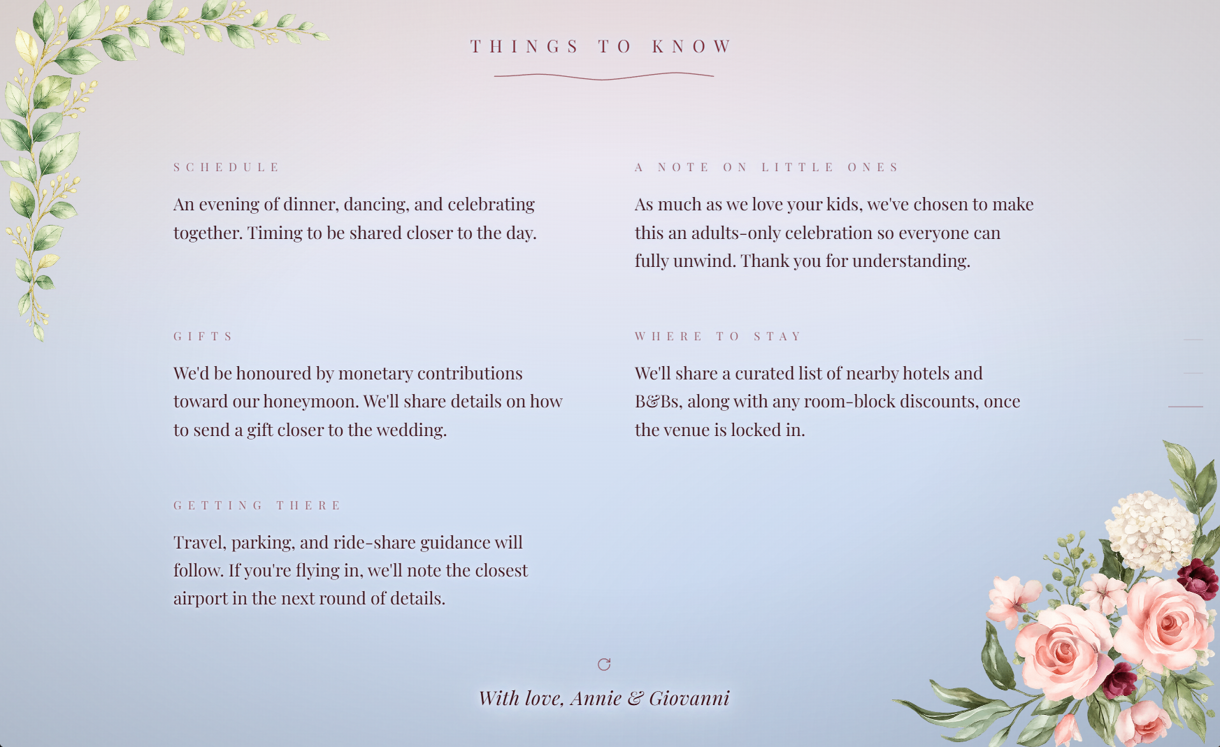 The Things to know section with schedule, gifts and travel details