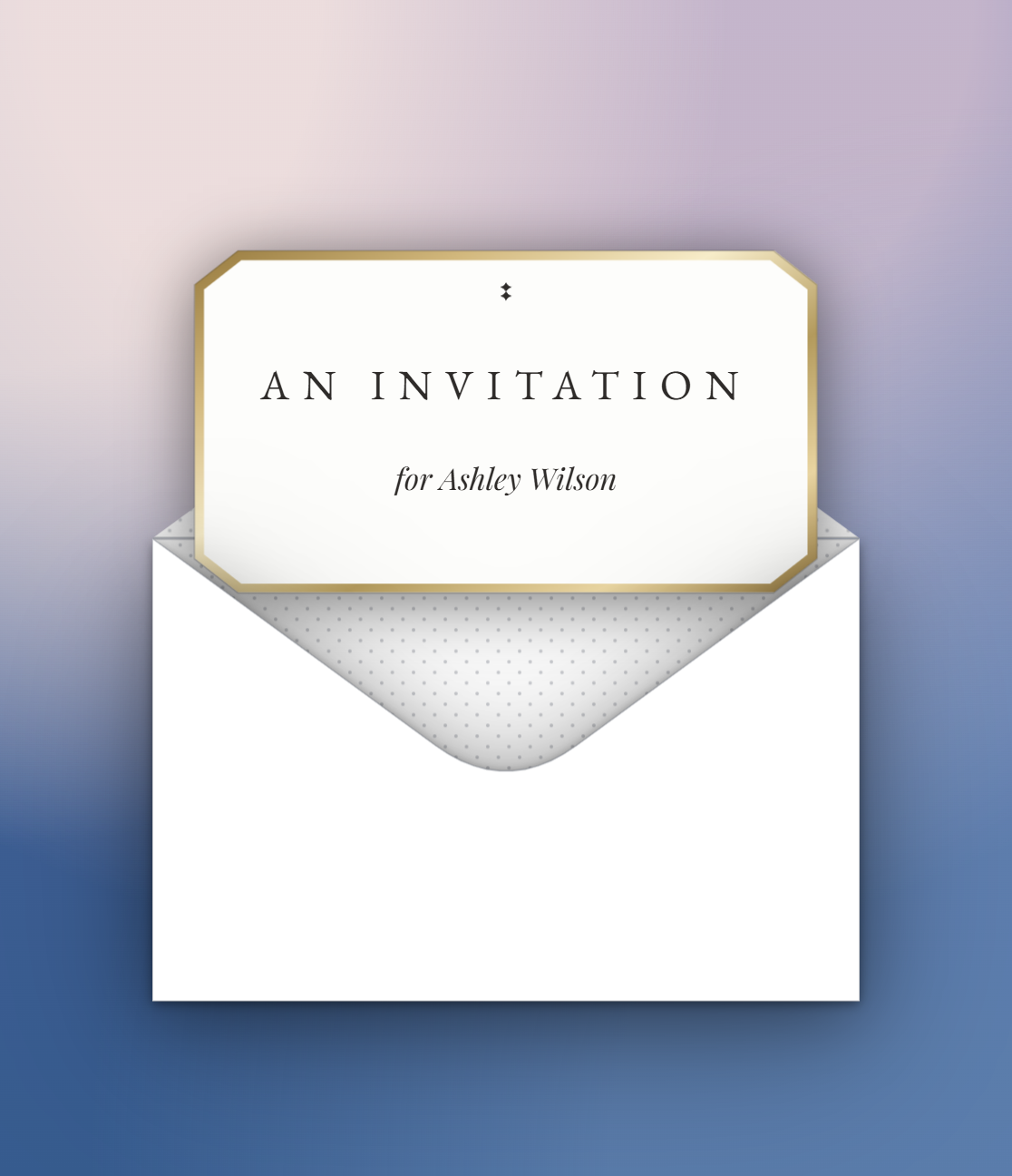 A white envelope with a red wax seal opening on a deep dusk blush-and-periwinkle background: the seal lifts and the invitation card slides into view