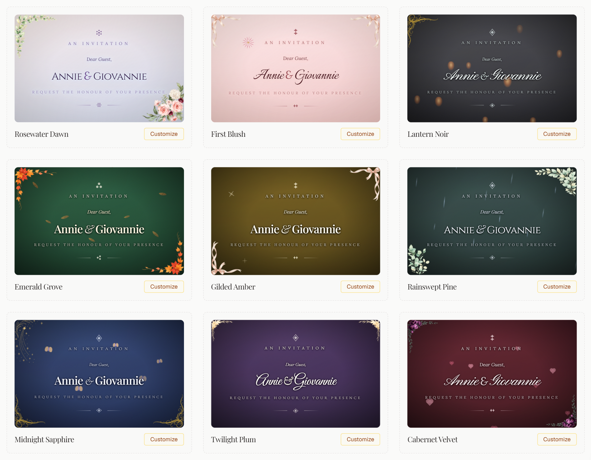 The gallery of page presets, each a living preview with lanterns, rain, hearts and sparkles drifting behind the invitation wording
